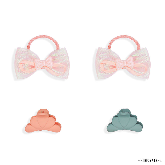HDC 5 pieces Hair Accessories Gift Set with 1 Crystal Beaded Hair Band, 2 Bow Hair Ties & 2 Mini Clamps - Pink