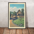 A framed image of Horyuji Temple West Village (Saiin Garan) by Hasui Kawase, 1935