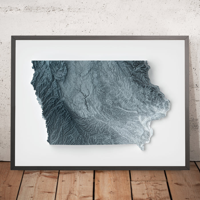 A framed image of a 3D style topographic relief map ofIowa