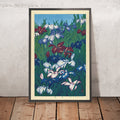 A framed image of Irises by Hasui Kawase, 1935