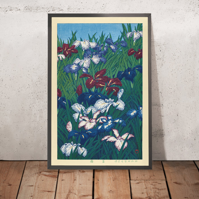 A framed image of Irises by Hasui Kawase, 1935