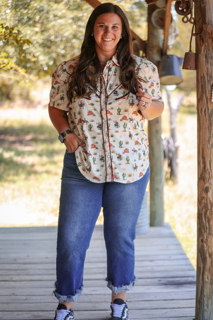 Ivory Western Cream Desert Arrow Button Up Short Sleeve