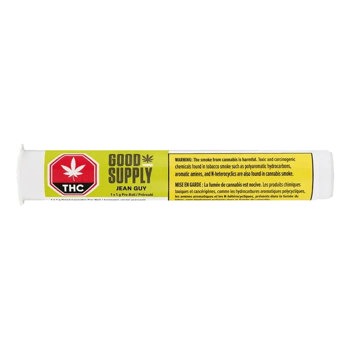 Front view of the Jean Guy Pre Rolled 7 x 0.5 g packaging against a black background with a red warning label.