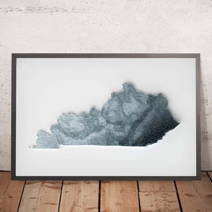 A framed image of a 3D style topographic relief map ofKentucky