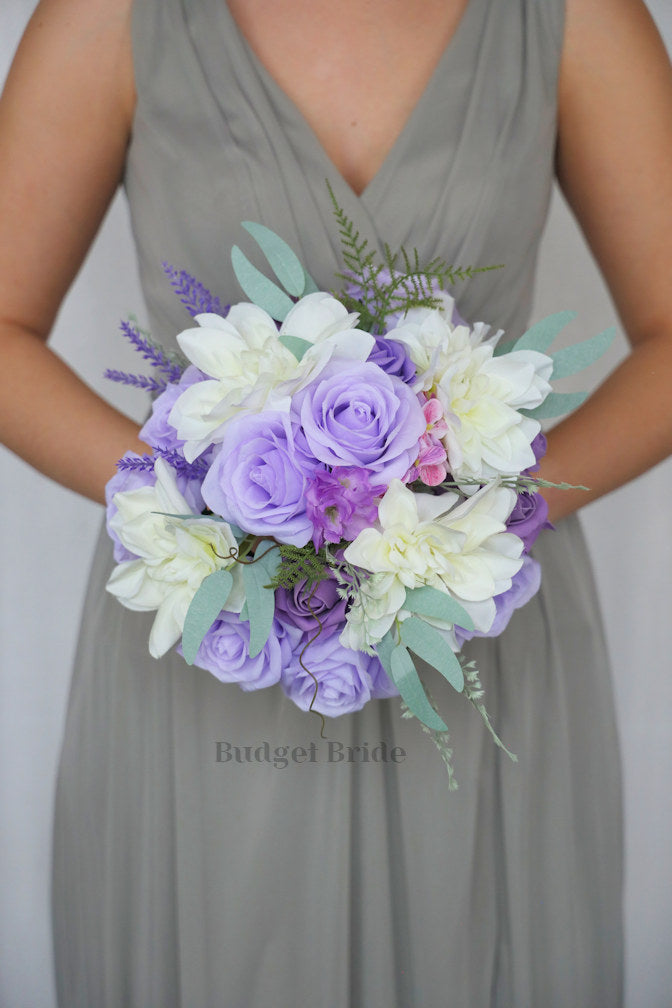 Wedding Bouquet with ivory dahlias,  lavender and wisteria roses and lavender fronds