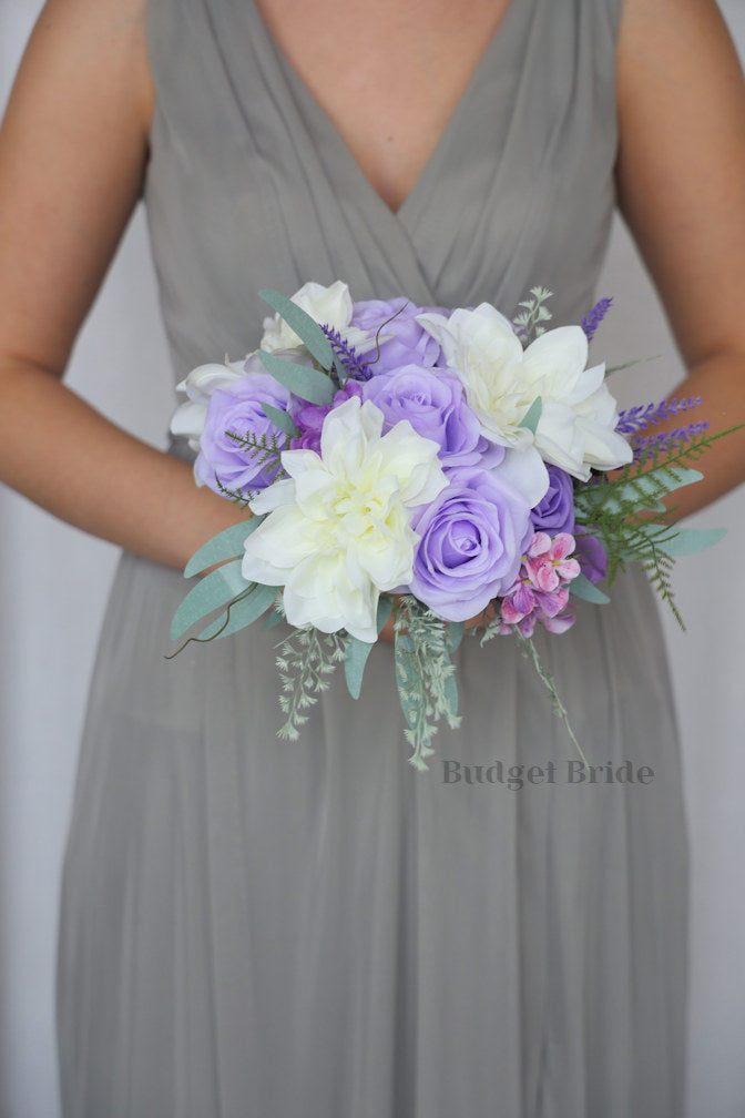 Wedding Bouquet with ivory dahlias,  lavender and wisteria roses and lavender fronds