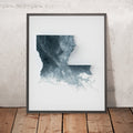A framed image of a 3D style topographic relief map ofLouisiana