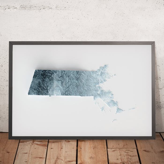 A framed image of a 3D style topographic relief map ofMassachusetts