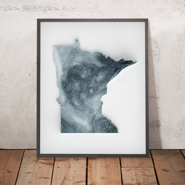 A framed image of a 3D style topographic relief map ofMinnesota
