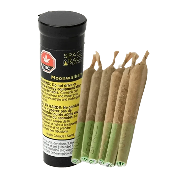 A close-up of the Moonwalkers Pre Rolled 6 x 0.4 g packaging with French warning text visible against a dark background.