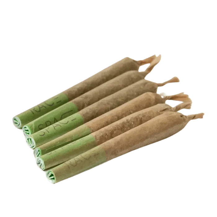 A close-up, angled view of six Moonwalkers Pre Rolled 0.4 g pre-rolls against a plain white background.