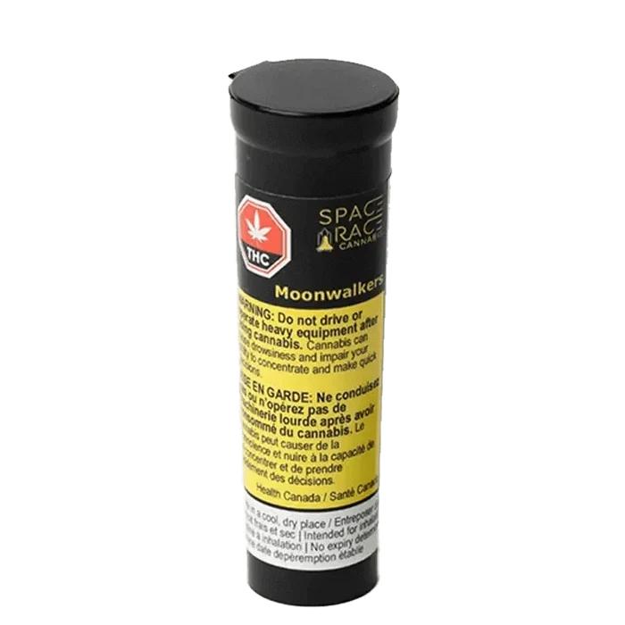 Front view of the Moonwalkers Pre Rolled 6 x 0.4 g packaging, showing warning text and branding on a dark background.