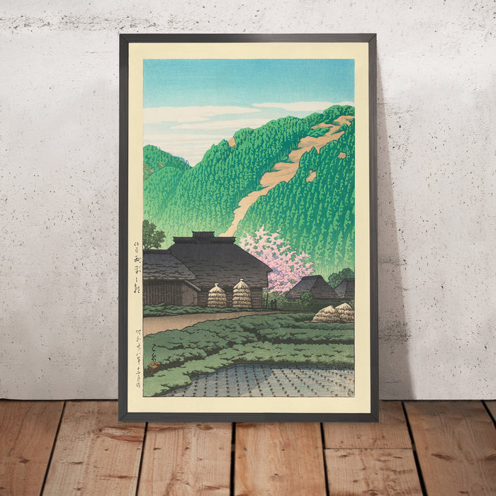 A framed image of Morning in Nishibira, Izu by Hasui Kawase, 1935