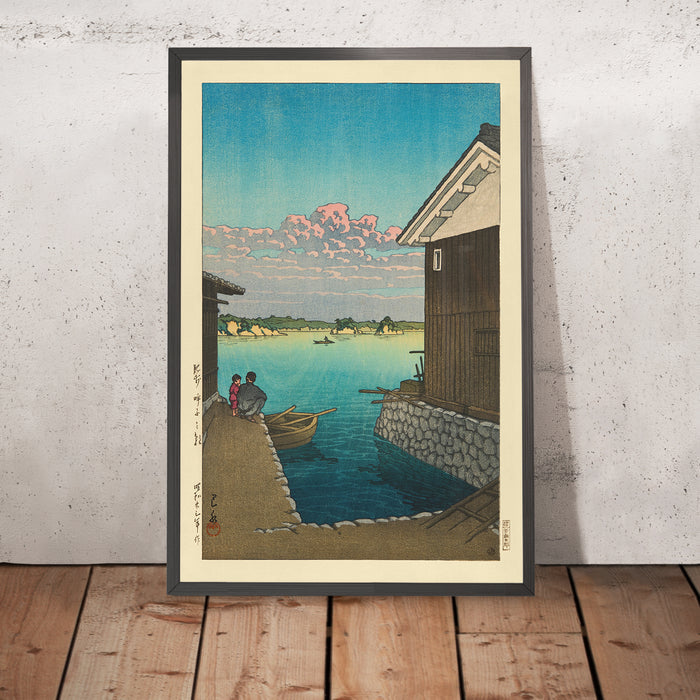 A framed image of Morning in Yobuko, Hizen by Hasui Kawase, 1935