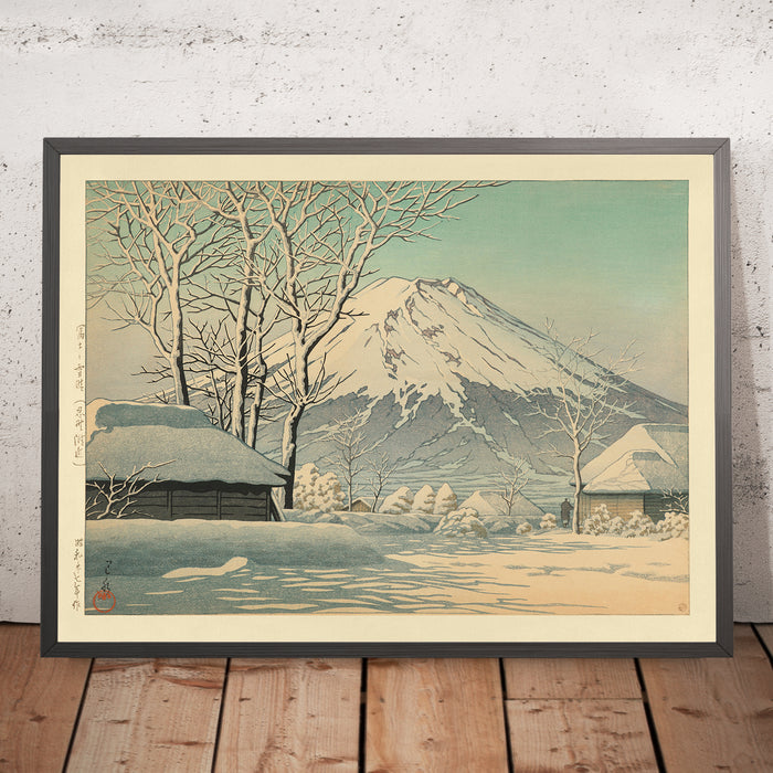 A framed image of Mt. Fuji after Snow in Oshiono by Hasui Kawase, 1935