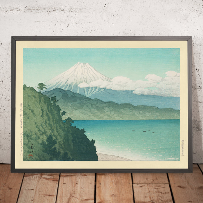 A framed image of Mt. Fuji and Blue Lake from Satta Pass by Hasui Kawase, 1935