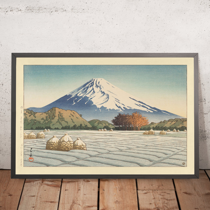 A framed image of Mt. Fuji Frosty Morning in Nagaoka, Izu by Hasui Kawase, 1939