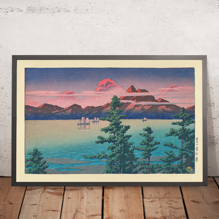 A framed image of Mt. Unzen in Hizen by Hasui Kawase, 1927