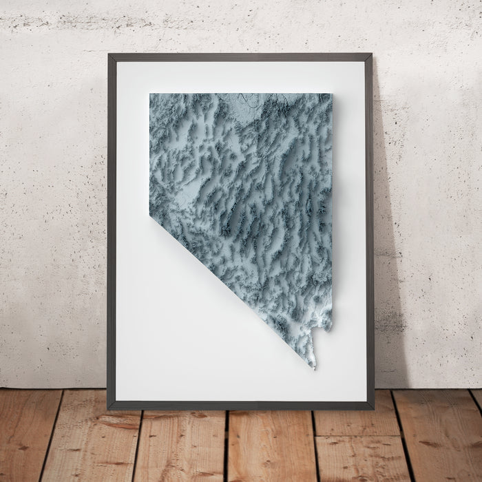 A framed image of a 3D style topographic relief map ofNevada
