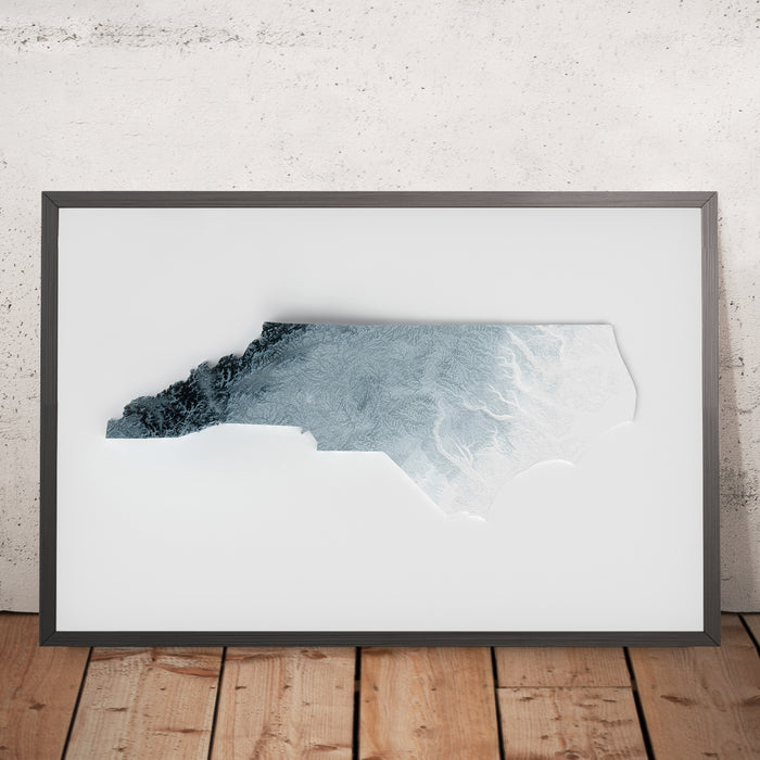 A framed image of a 3D style topographic relief map ofNorth Carolina