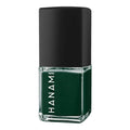 Green nail polish bottle with black cap on a white background.