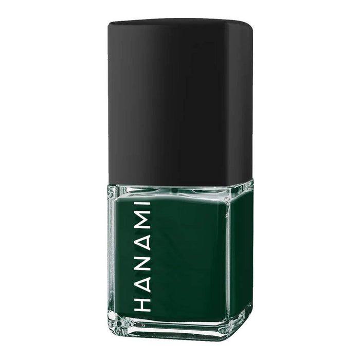 Green nail polish bottle with black cap on a white background.