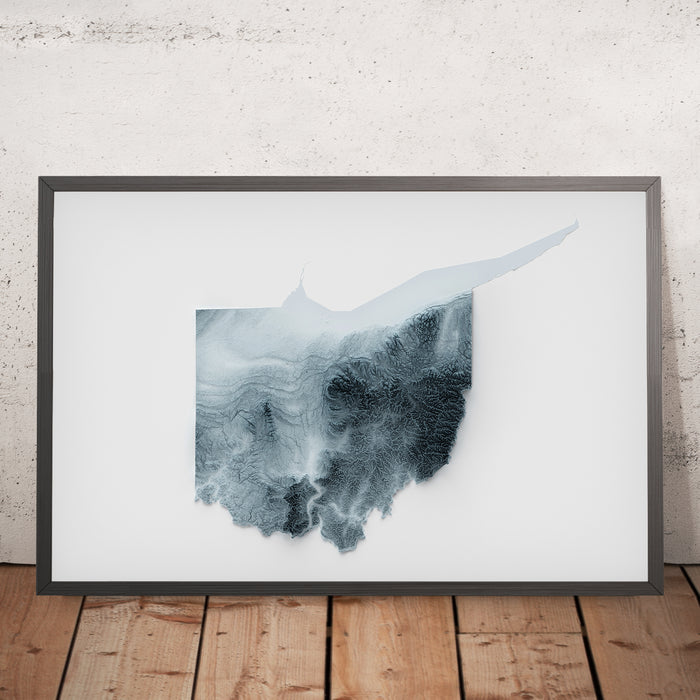 A framed image of a 3D style topographic relief map ofOhio