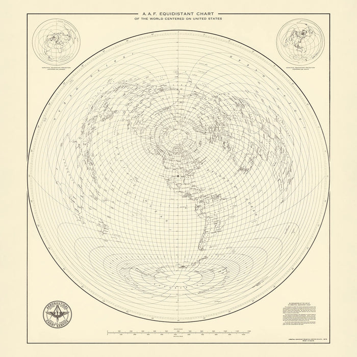 Old Azimuthal World Map Centered on the United States, 1947