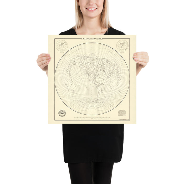 Old Azimuthal World Map Centered on the United States, 1947