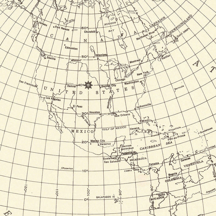 Old Azimuthal World Map Centered on the United States, 1947