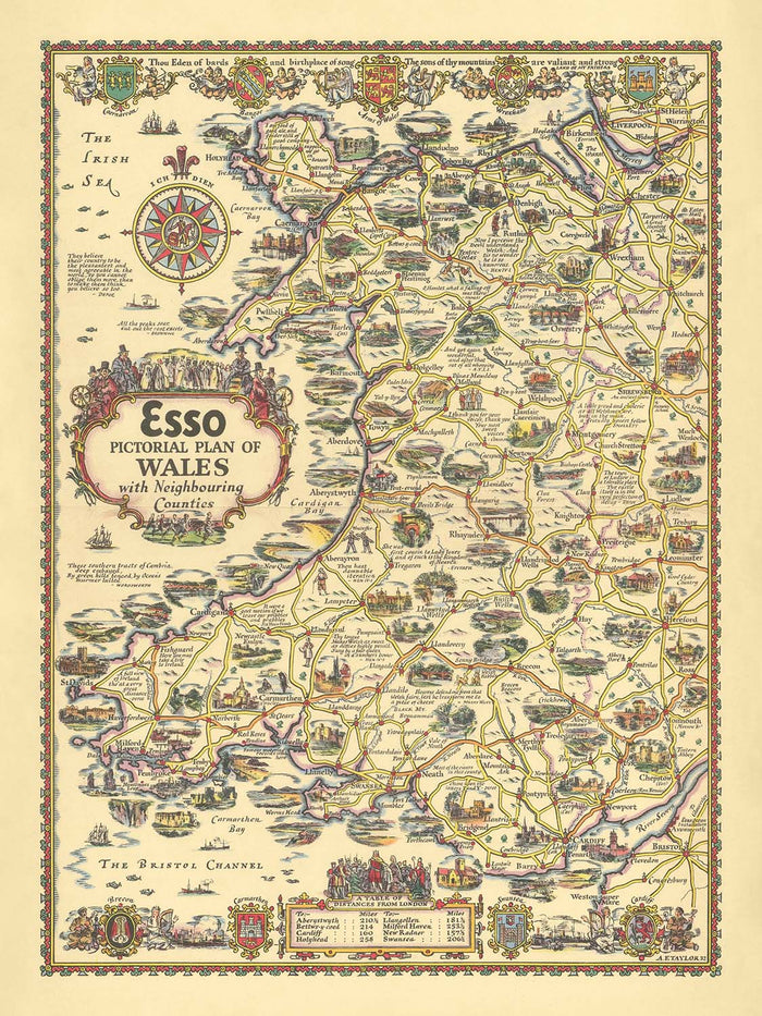 Old Esso Map of Wales by AE Taylor, 1934