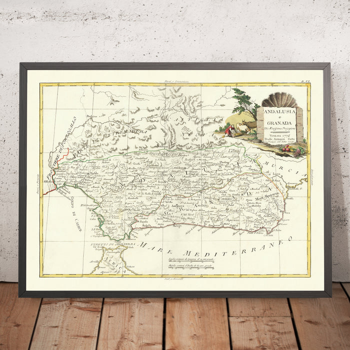 Old Map of Andalusia & Granada by Zatta, 1776: Seville, Malaga, Gibraltar, Cadiz
