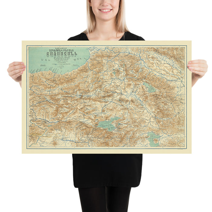 Old Map of Armenia by Piperjian, 1923: Yerevan, Trabzon, Lake Sevan, Mount Ararat, Lake Van