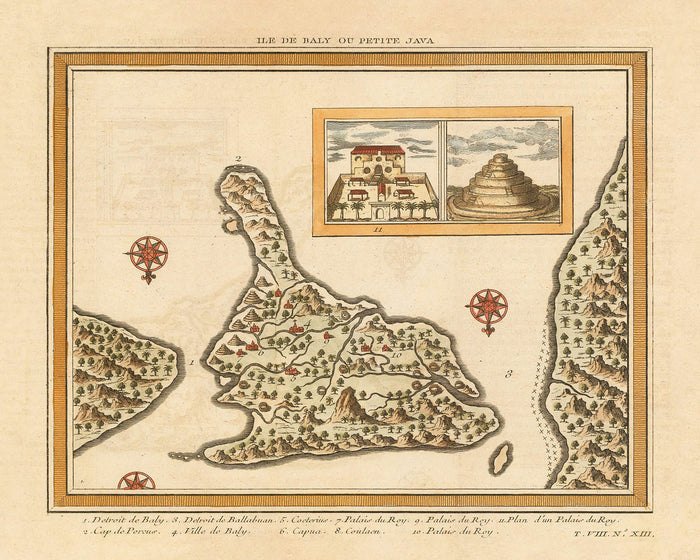 Old Map of Bali by Schley, 1770: Ville de Baly, Palaces, Compass Roses, Mountains, Rivers