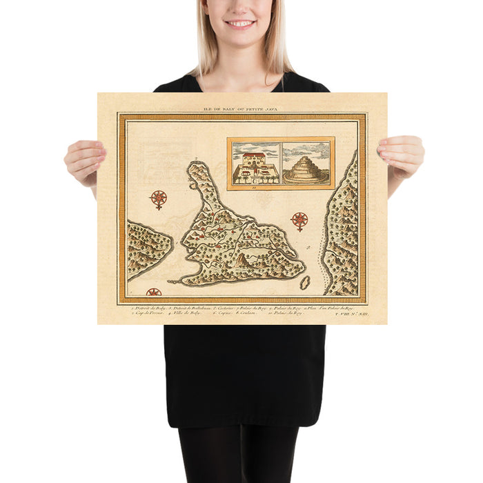 Old Map of Bali by Schley, 1770: Ville de Baly, Palaces, Compass Roses, Mountains, Rivers