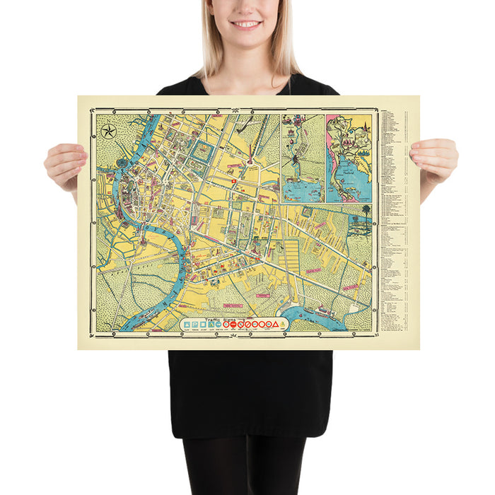 Old Map of Bangkok, 1954: Chao Phraya, Wat Arun, Grand Palace, Dusit, Lumphini Park