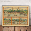 Old Map of Calicut in India by Braun & Hogenberg, 1572: Ormuz, Canonor, El Mina, Ships