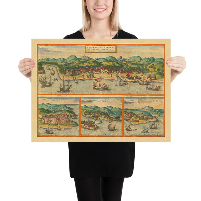 Old Map of Calicut in India by Braun & Hogenberg, 1572: Ormuz, Canonor, El Mina, Ships