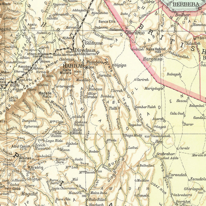 Old Map of East Africa by Touring Club Italiano, 1936: Addis Ababa, Mogadishu, Red Sea, Railways, Inset Maps