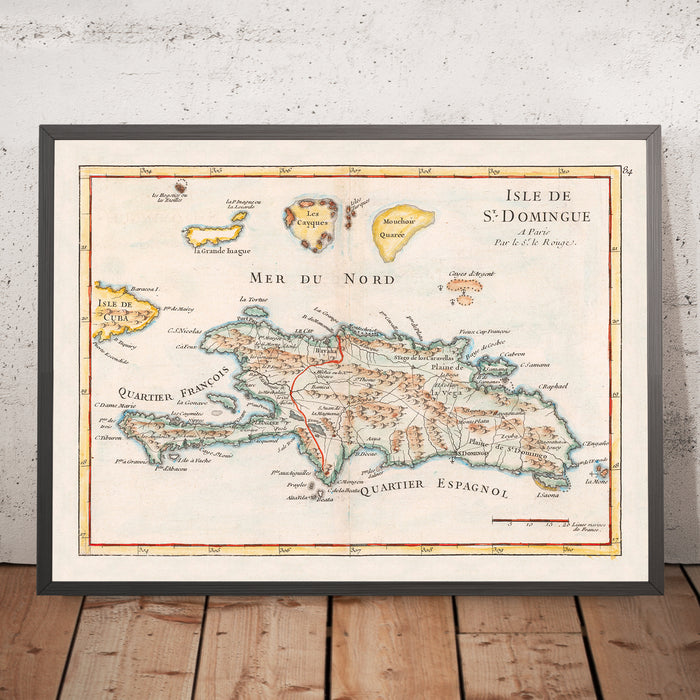 Old Map of Haiti and Dominican Republic by Le Rouge, 1748: Santo Domingo, Les Cayques, Turks & Caicos