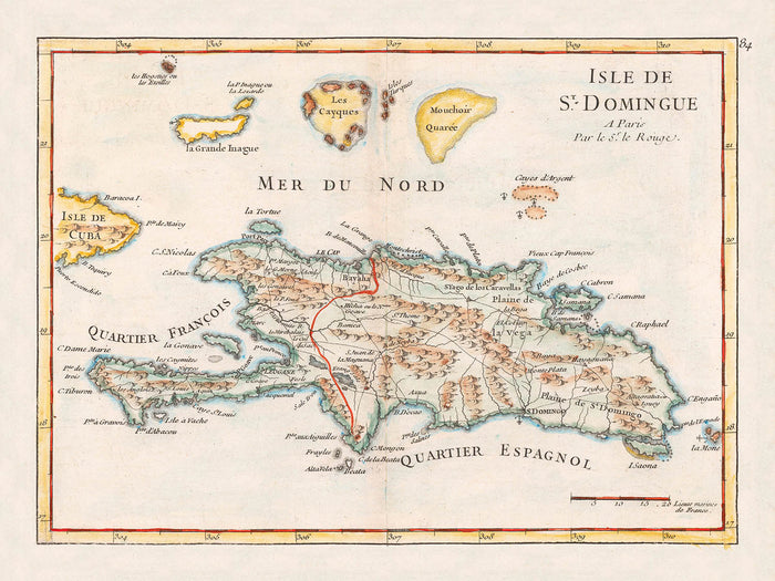 Old Map of Haiti and Dominican Republic by Le Rouge, 1748: Santo Domingo, Les Cayques, Turks & Caicos
