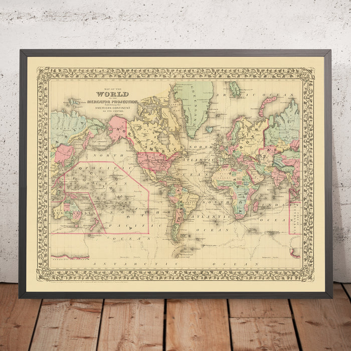 Old Mercator World Map Centered on America by Mitchell, 1882