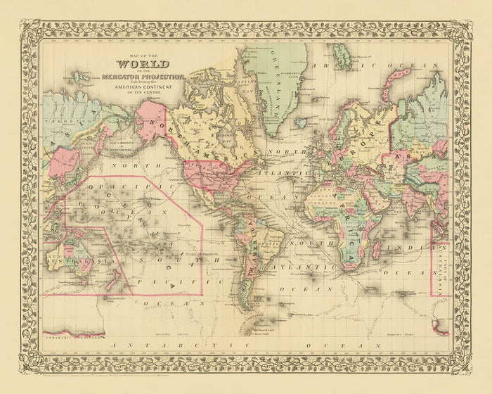 Old Mercator World Map Centered on America by Mitchell, 1882