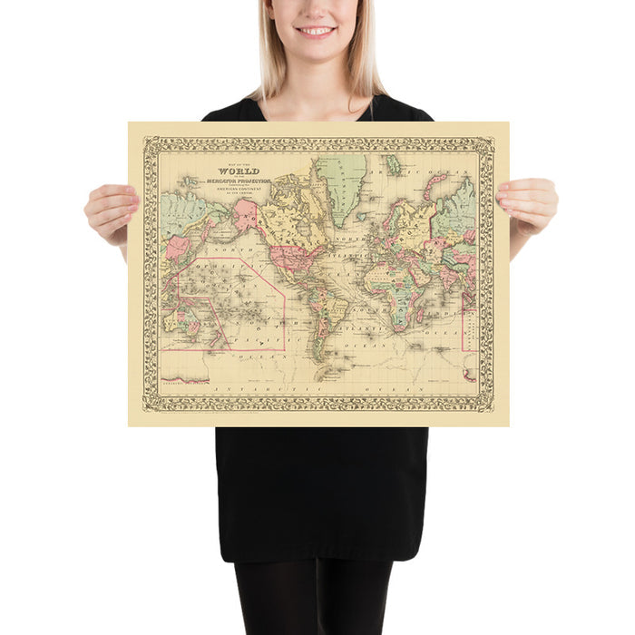 Old Mercator World Map Centered on America by Mitchell, 1882