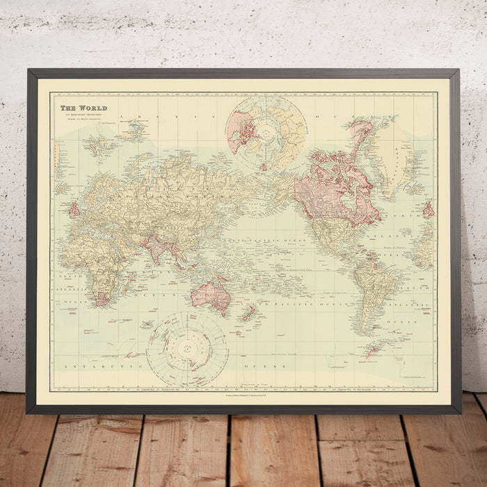 Old Mercator World Map of the British Empire by Stanford, 1894: Centred on the Pacific