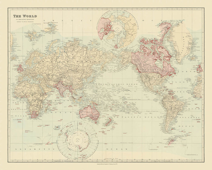 Old Mercator World Map of the British Empire by Stanford, 1894: Centred on the Pacific