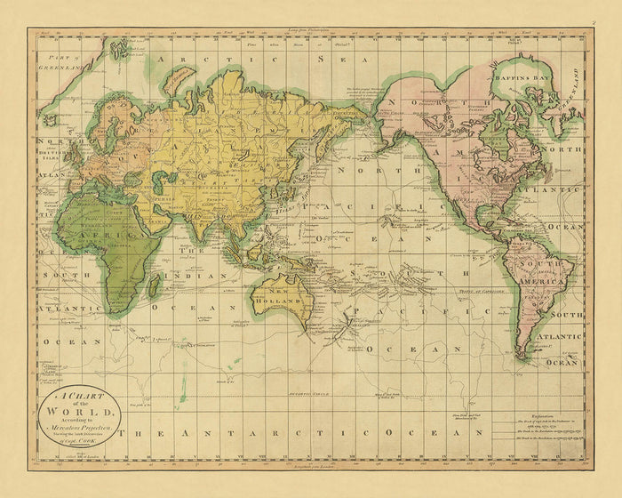Old Mercator World Map Showing Discoveries of Capt. Cook by Carey, 1814: Pacific Centred
