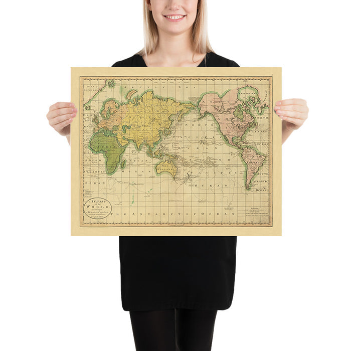 Old Mercator World Map Showing Discoveries of Capt. Cook by Carey, 1814: Pacific Centred
