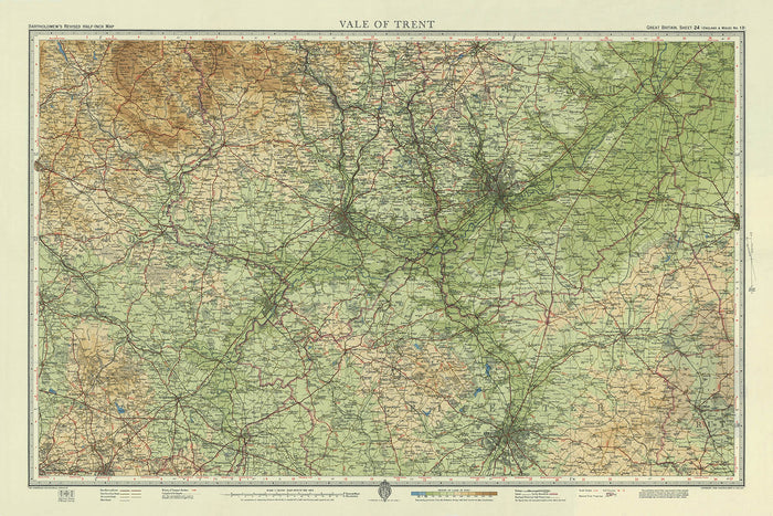 Old OS Map of Vale of Trent by Bartholomew, 1943: Nottingham, Leicester, River Trent, Derby, Lincoln, Chesterfield