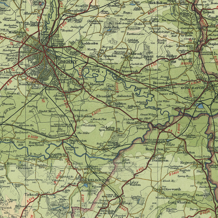 Old OS Map of Vale of Trent by Bartholomew, 1943: Nottingham, Leicester, River Trent, Derby, Lincoln, Chesterfield
